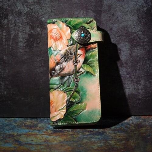 High-end Handmade Wallets Carving Flower-bird Love Purses Men Long Clutch Vegetable Tanned Leather Wallet Card Holder
