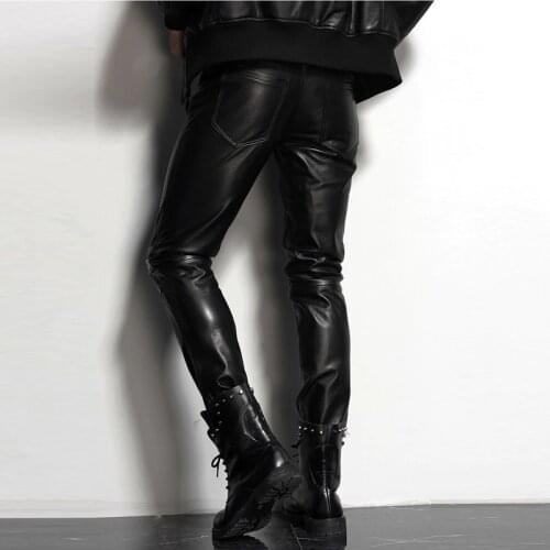 Mens Leather Pant Slim Leather Skinny Biker Pants Motorcycle Punk Rock Pants Tight Leather Pant Simple soft TJ09