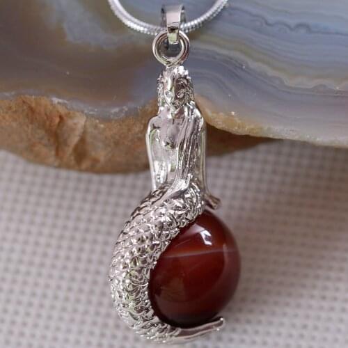 Natural Stone Mermaid Pendant Round Bead Red Veins Onyx Necklace Pendant E856