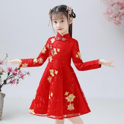 Autumn And Winter Girls' Hanfu Plush Chinese Style Long Sleeves Dress Tang Suit Cheongsam Party Dress Wedding Flower Clothing