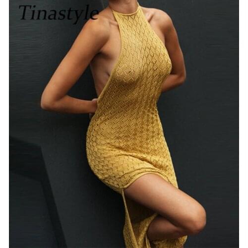 Tinastyle Sexy Backless High Split Maxi Dress Women Sleeveless Halter Knitted Summer Dress Solid See Through Vacation Beachwear