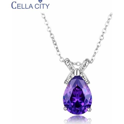 Cellacity Charms Silver 925 Jewelry Necklace for Women Water Drop Shaped Gemstone Pendant Amethyst Zircon Trendy Chain Female