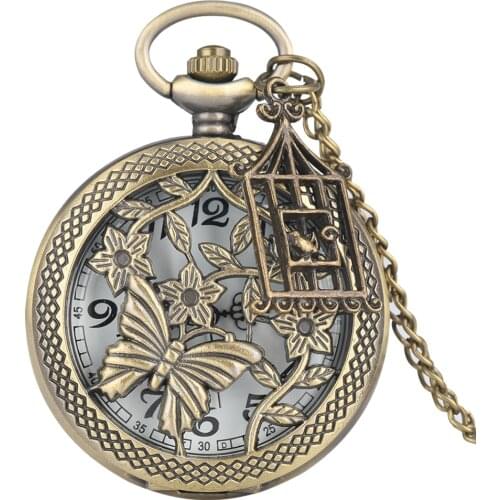 Butterfly and Flower Retro Bronze Necklace Pocket Watch Chain Steampunk Old Fashioned Pendant Quartz Fob Watch Clock + Accessory
