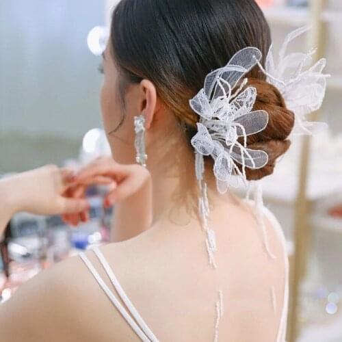 Luxury Lace Flower Hair Combs for Bridal Wedding Crystal Pearl Headbands Handmade Korean Veil Engagement Hair Accessories