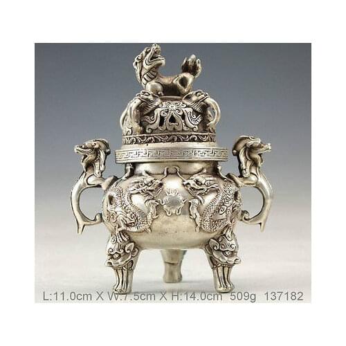 Silver Copper Incense Burner & Lid w Ming Dynasty Xuan De Mark art gif bronze Decoration 100% real Tibetan Silver Brass