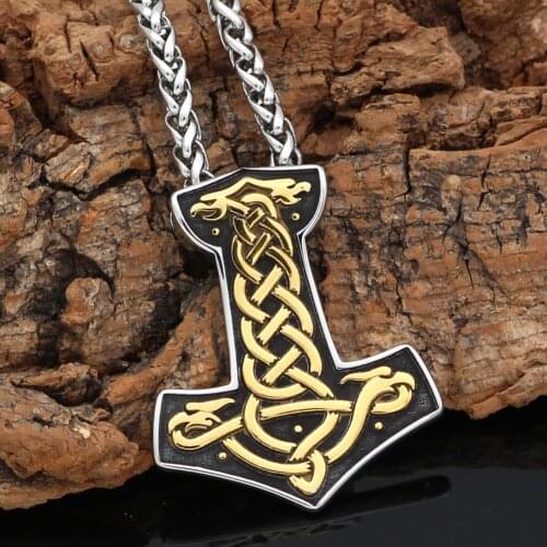 Nordic Viking Mjolnir Thor Hammer Jormungand Stainless Steel Necklace Double Color With Valknut Gift Bag