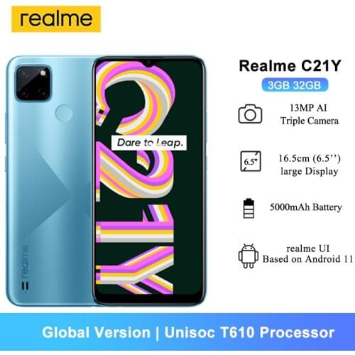 Realme C21Y Smartphones 3GB 32GB 6.5inch UNISOC T610 Octa Core 13MP AI Triple Camera 5000mAh Mobile Phones Android 11