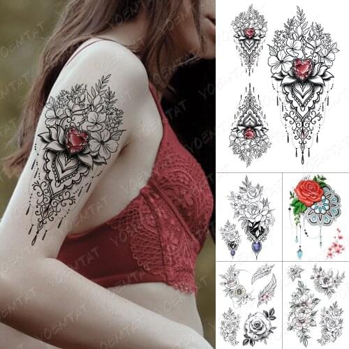 Waterproof Temporary Tattoo Sticker Ruby Mandala Henna Lace Flash Tattoos Diamond Rose Gem Body Art Arm Fake Tatoo Women Men