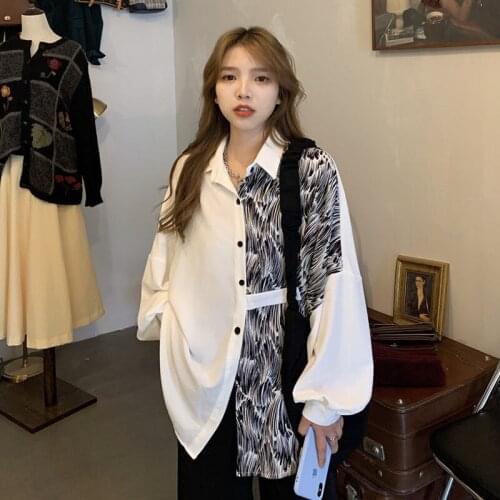 Deeptown Pattern Shirt Women Long Sleeve Gothic Splice Print Button Up Top 2021 Fashion Korean Style Ladies Punk Casual Harajuku