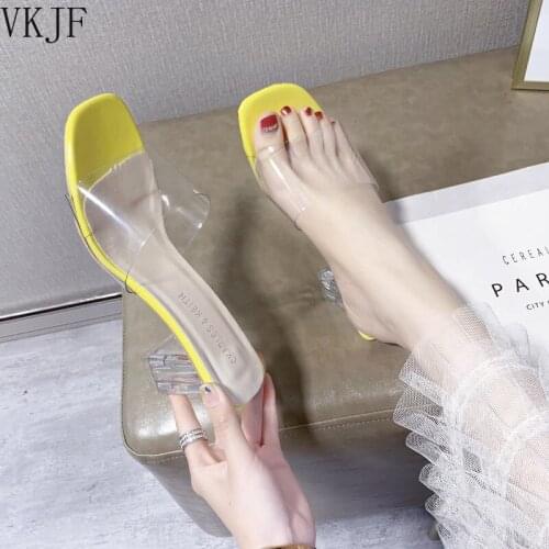 Transparent Slippers Women Luxury Shoes Heeled Mules Slides Square Heel Pantofle Med Designer High Soft Block 2021 Summer Rubber