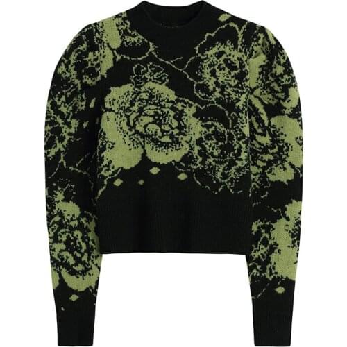 Puff Sleeve Short Flower Sweater Women Autumn Round Neck Pullover Sweater Loose Korean Style Top
