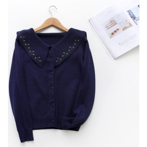 Johnature 2020 Spring embroidery Mori Girl Women Sweaters New Casual Loose Turn-down Collar Long Sleeve Thick Knit Sweaters