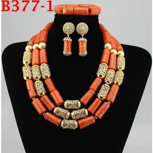 Red Coral Jewelry Sets for Women Fantastic Red and Gold Nigerian Wedding Gift Coral Bead Necklace Jewelry Set for Brides B377-1
