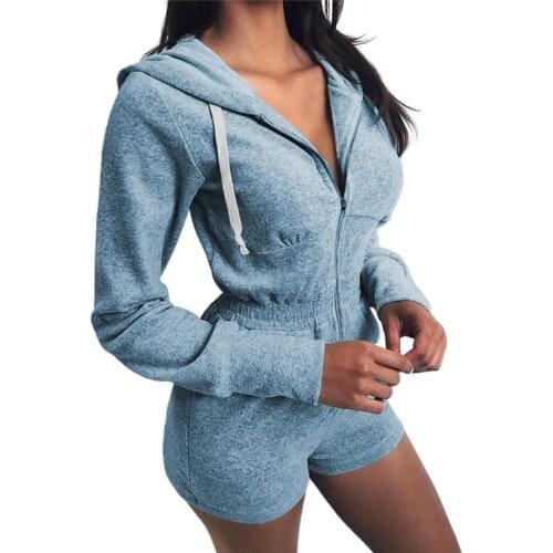 Sexy Women Bodysuit Long Sleeve Zipper Hooded Bodycon Stretch Leotard Top Short Romper Loose Casual Pure Women Jumpsuit Overalls