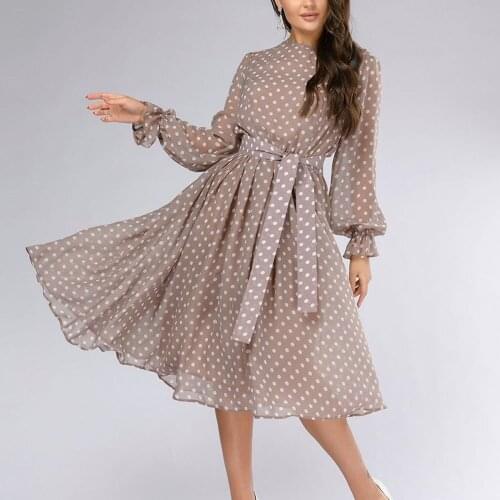 Women Polka Dot Print Chiffon Dress 2021 Autumn Fashion Long Sleeve Party Vestidos Vintage Women Boho Beath A Line Dresses
