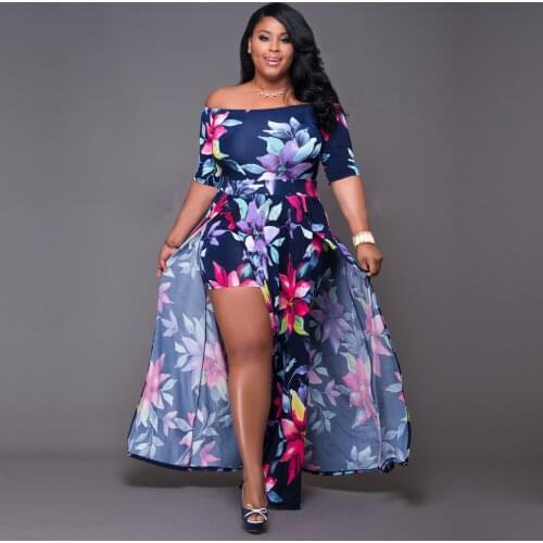 Plus Size Evening Party Slash Neck Printed Long Floral Dress Women Elegant Dresses Summer 2021 Temperament Commute Fashion Dress