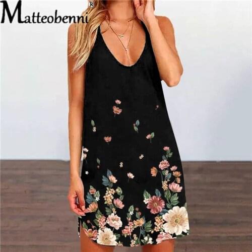 Vintage Boho Dress Women Summer Sexy Sleeveless Back Hollow Beach Floral Printed Short Mini Dress Summer Plus Size A-Line Dress