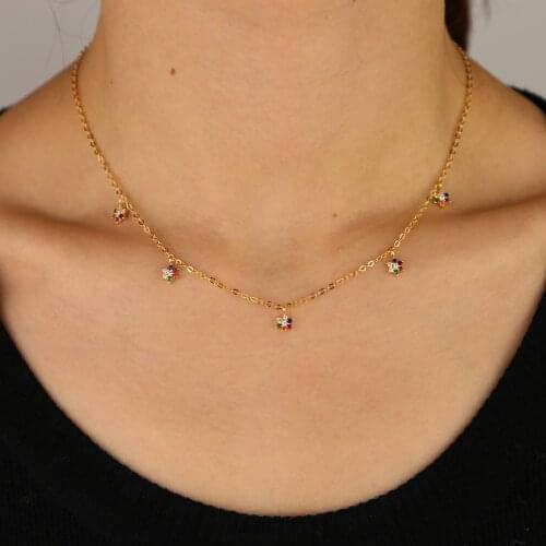 Gold filled fashion rainbow cz paved minimal flower necklace gold tiny link chain for women wedding delicate gorgeous necklace