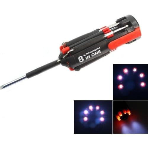 100Pcs/Lot New 8 In 1 Multi Portable Screwdriver Hand Tools Set LED Flashlight Torch Lamp