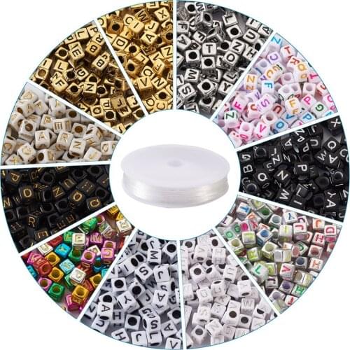 1650pcs Mixed Letter Acrylic Beads Cube Alphabet A-Z Square Letters Loose Beads For DIY Kids Bracelet Making with Elastic Thread