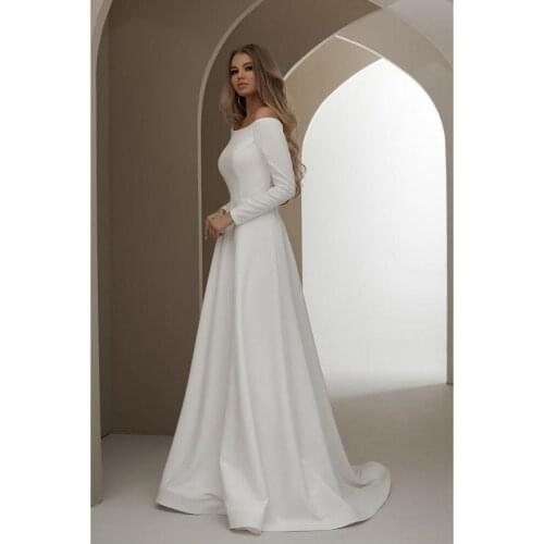 Ivory Satin Long Sleeves Floor-Length A-Line Wedding Dresses Sweep/Brush Train Custom Made Bridal Gowns