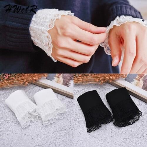 For Women Girls Decor Chiffon Fake Flare Sleeves Floral Lace Pleated Ruched False Cuffs Apparel Wrist Warmers With Four Button