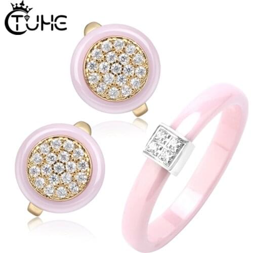 Elegant Style 3mm Width Ceramic Rings Earrings Sets Lovely Pink Jewlery Sets for Women Wedding Birthday Party Gift