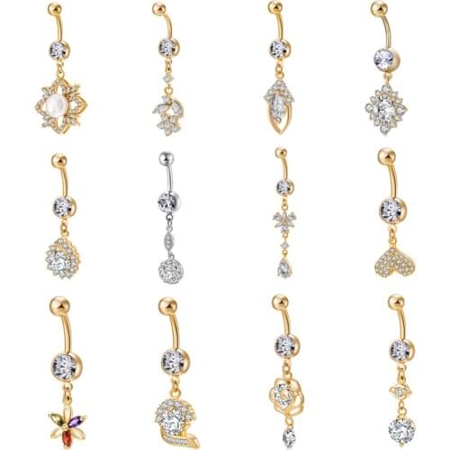 2019 Hot Sell Navel Piercing Rings Belly Button Rings Elegant Pearl Flower Zircon Gold Color Surgical Steel Body Jewelry Ombligo