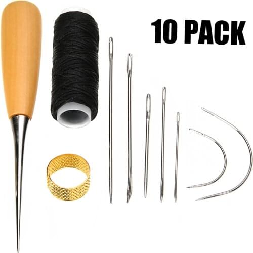 7pcs/set Hand Sewing Needles with Leather Waxed Thread Cord Drilling Awl and Thimble for Leather Canvas Coats Repair Tools