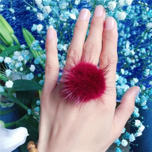 ZDFURS* Fashion Jewelry Resizable Mink Fur Ball Ring Mink Fur Pompoms Silver Rings for Women and Girl