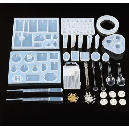 Mixed Silicone Molds Epoxy Resin UV Casting Tools Set for Jewelry making DIY with Stainless Steel Tweezers Iron Screw Eye Pin
