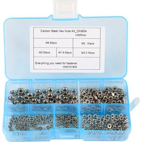 New 250 Pcs/Set M1.6 M2 M2.5 M3 M4 Carbon Steel Hex Nut Assortment Kit Hexagon Nuts Metric Thread Assortment Kit