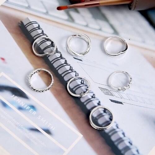 7pcs/set New 2021 Popular Retro Bohemian Moon Leaf Double V Electroplated Silver Female Ring Jewlery for Women Halloween