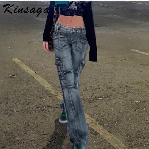 Y2K Low Rise Straight Brown Cargo Jeans Wrap Belt Denim Pants Ruched Drawstring Women Denim Trousers Street Indie Aesthetic Jean