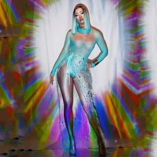 Sexy Nude Bodysuit Nightclub Singer Costume Mesh Feather Skirt Birthday Outfits Women Gogo Dancer Dj See-Through Prom Stage Wear