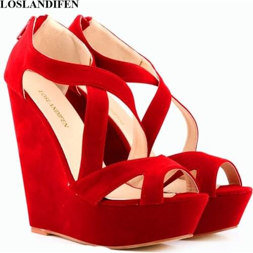 Sexy Cross Cut-Outs Office Sandals Women Fashion Platform Solid Flock Peep Toe High Heels Shoes Back Zipper Wedges Sandal Female