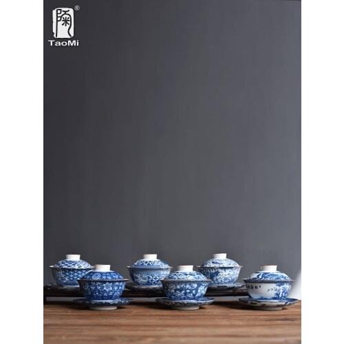 Ancient blue and white porcelain cover bowl tea cup large size Kung Fu Jingdezhen tea set teacup household tureen teaware