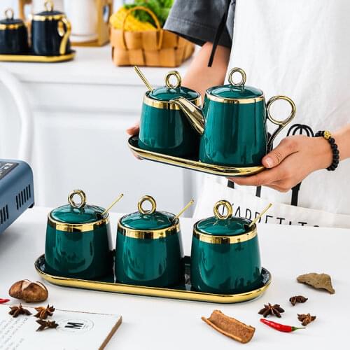 Dark green pink ceramic seasoning pot set combination household seasoning box storage salt shaker kitchen utensil rack