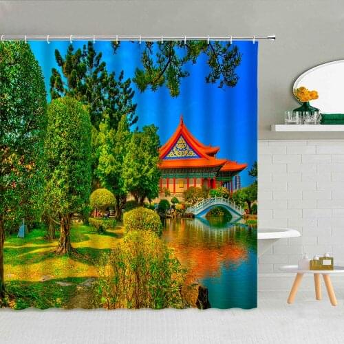 Forest Bridge Pavilion Shower Curtain Autumn Scenery River Mountain Boat Fabric High Quality Bathroom Supplies With Hooks Decor