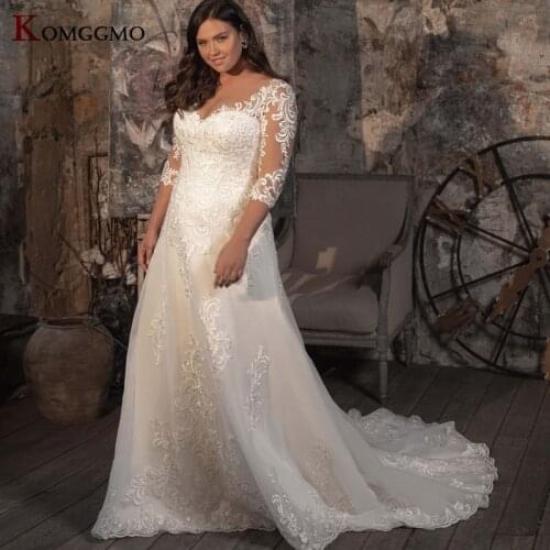 High-End Sweetheart Neck Chapel Train Bridal Ball Gown 2021 Hot Sale Three Quarter Sleeve Embroidery Plus Size Wedding Dress