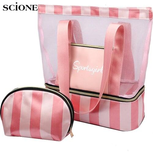 Women Swimming Bag Mesh Bags Handbags Wet Dry Bags Net Tas Pool Beach Pouch sack Sac De Sport Striped clear Transparent XA387WA