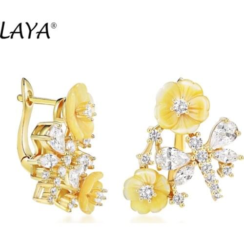 Laya 925 Sterling Silver Summer Hot Style High Quality Zircon Natural Shell Flower Dragonfly Earrings For Women Luxury Jewelry