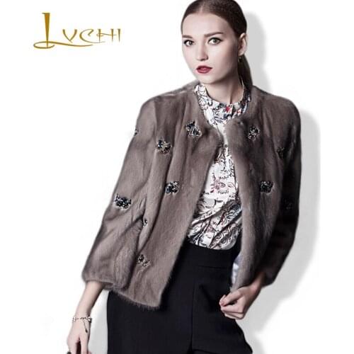 LVCHI 2019 Fashion Winter Warm Mink Fur Coats Bow Pattern Diamonds Genuine Leather Mink Coats Women Open Stitch Short Fur Coats