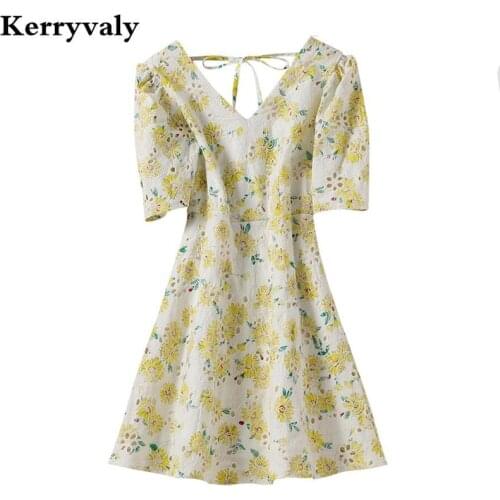 High-end Romantic Cotton and Linen Yellow Summer Dress Moda Mujer 2021 Hollow Daisy Printed Lace-up Casual Dress Women K9997