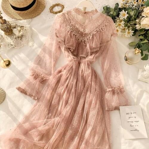 Mori Girl Fairy Women Mesh Sequined One Piece Dress Chic Lady Summer Embroidered Flares Vestidos Sweet Ruffles Women Thin Dress