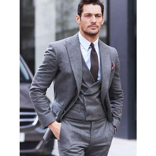 ANNIEBRITNEY Grey Fall Winter Tweed Business 3 Piece Suit 2020 New Peaked Lapel Formal Tweed Suit Groom Wedding Cutsom Tuxedo
