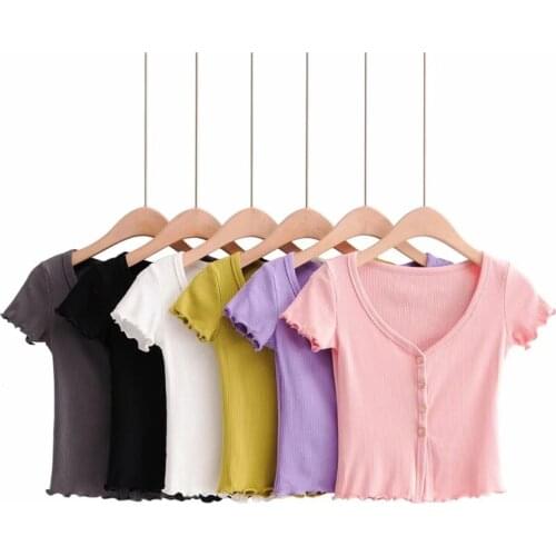 Women Retro T Shirts Summer 2020 New V-Neck Short Sleeve Tees Korean chic Single Breasted Ladies slim Tops