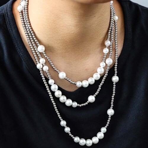 Hip Hop Mens Stainless Steel Pearl Beads Necklace Rapper Chunky Top quality Boys rocky Jewelry