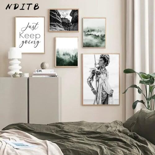 Fog Forest Mountain Canvas Poster Art Print Scandinavian Landscape Painting Boho Girl Wall Picture Nordic Modern Home Decoration