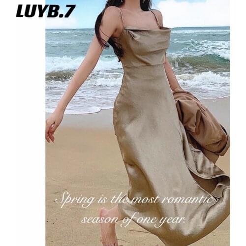 Summer smooth satin sling high slit nightclub party travel sexy comfortable dress special mint green champagne dress